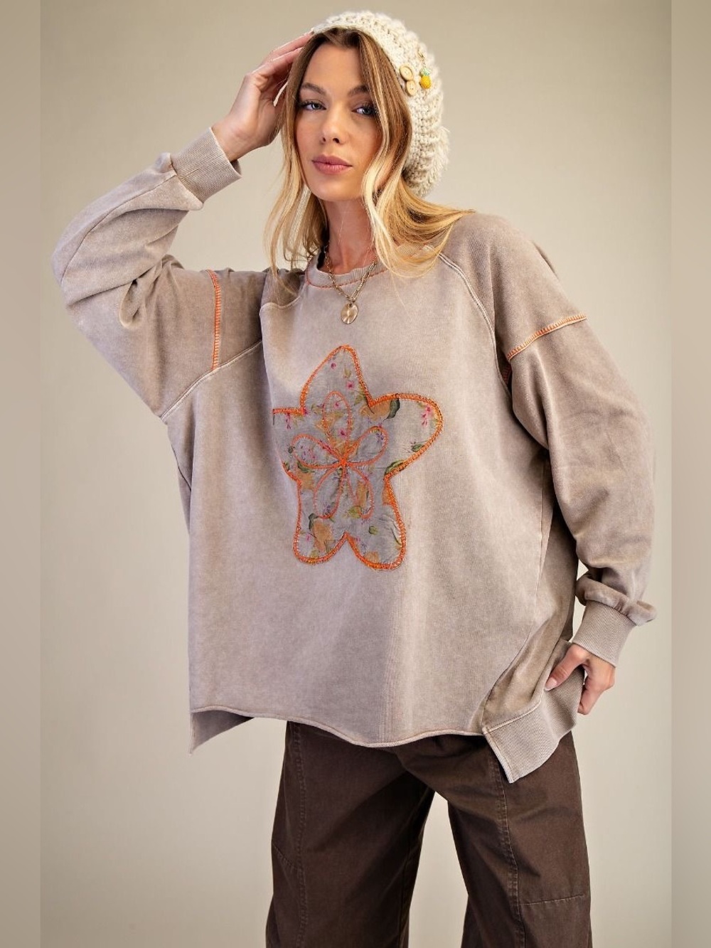 Easel PLUS Mocha Star Patch Front Washed Terry Pullover
